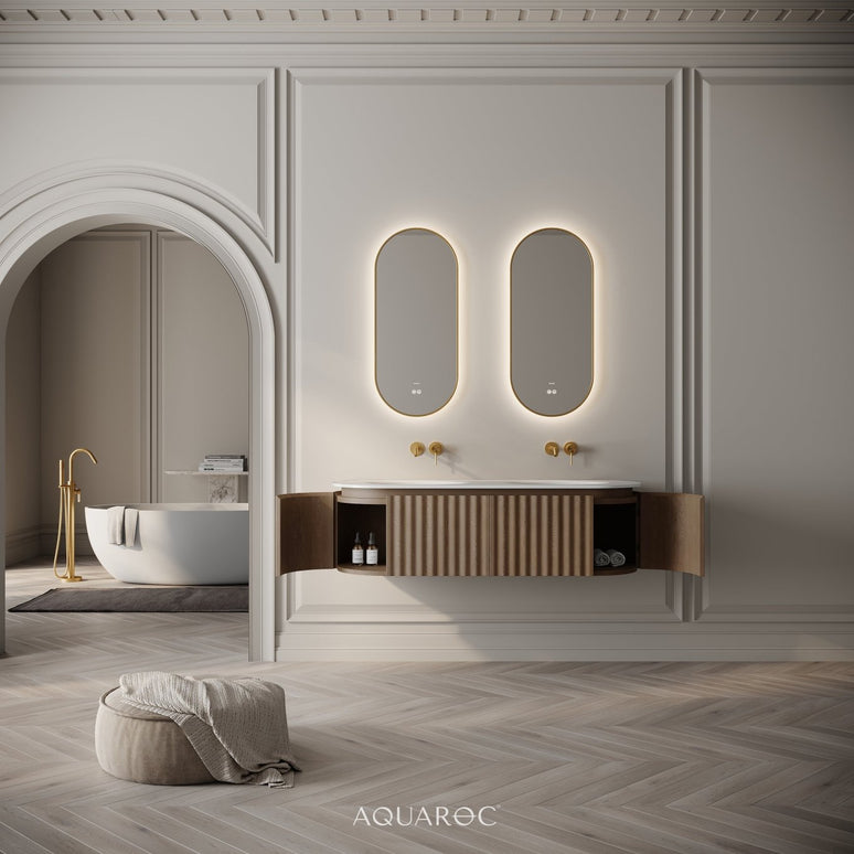 Set Mobilier Baie Dublu din Lemn cu Două Lavoare & Oglinzi LED – Design Premium