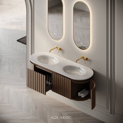 Set Mobilier Baie Dublu din Lemn cu Două Lavoare & Oglinzi LED – Design Premium