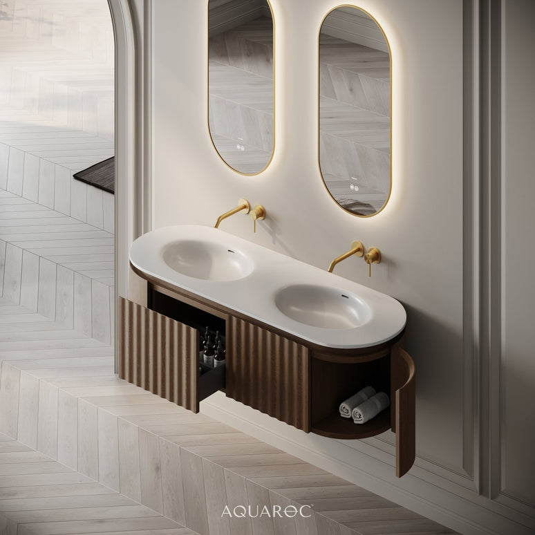Set Mobilier Baie Dublu din Lemn cu Două Lavoare & Oglinzi LED – Design Premium