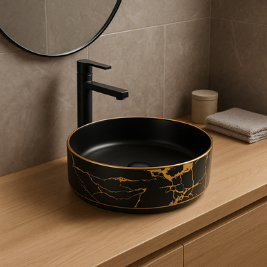 Lavoar ceramic rotund negru cu inserții aurii – model A712-CBK64-M