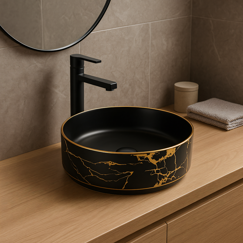 Lavoar ceramic rotund negru cu inserții aurii – model A712-CBK64-M
