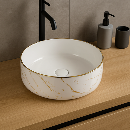 Lavoar rotund ceramic A524B-KG268 – alb marmorat cu accente aurii