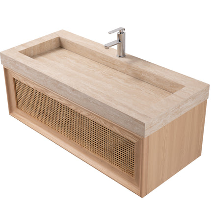Set mobilier baie suspendat din lemn 120 cm cu lavoar rock slab și oglindă LED cu ramă