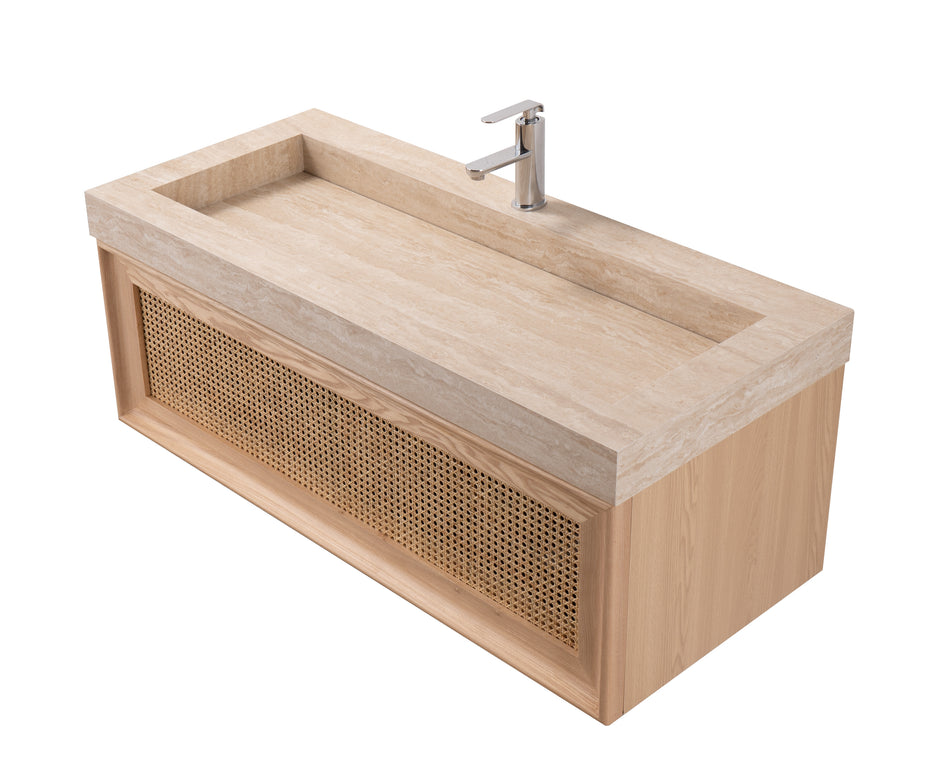 Set mobilier baie suspendat din lemn 120 cm cu lavoar rock slab și oglindă LED cu ramă