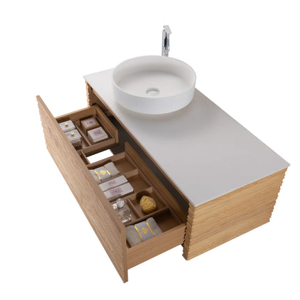 Set mobilier baie suspendat din lemn 120 cm cu lavoar alb și oglindă LED