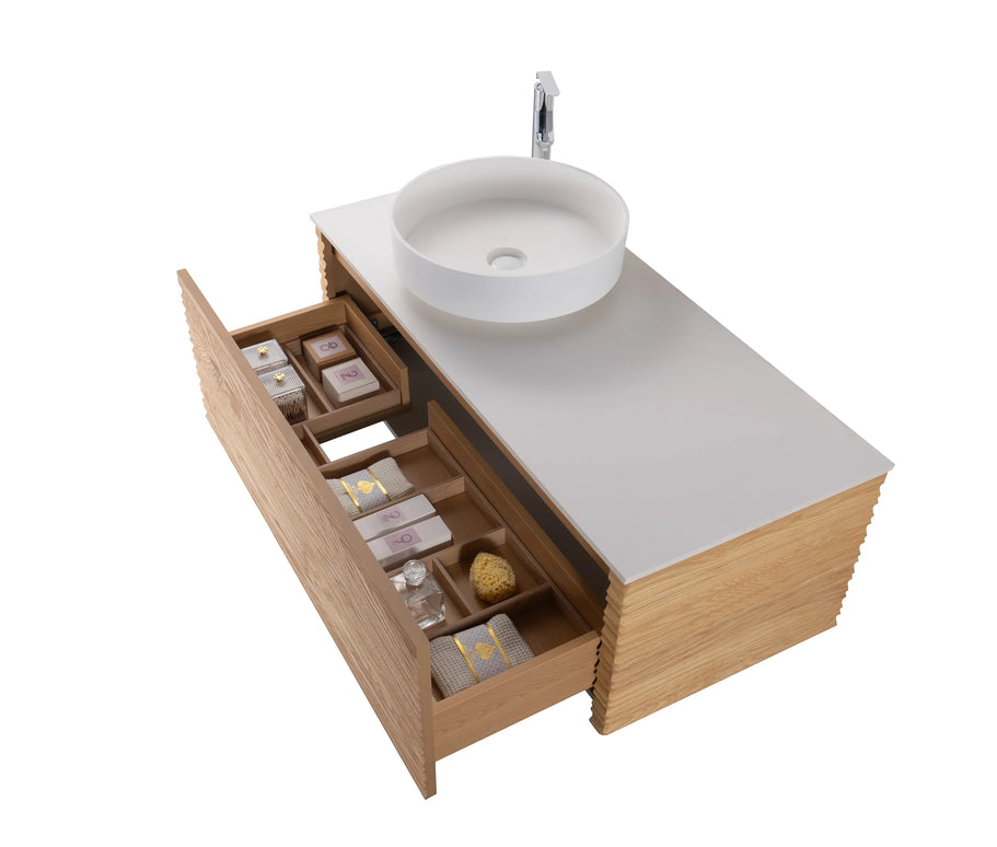 Set mobilier baie suspendat din lemn 120 cm cu lavoar alb și oglindă LED