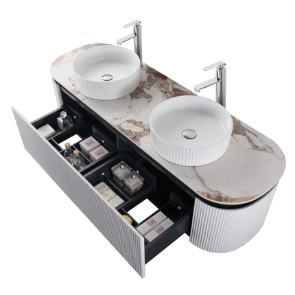 Set mobilier baie dublu suspendat 160 cm  cu blat marmorat, lavoare ceramice și oglinzi LED