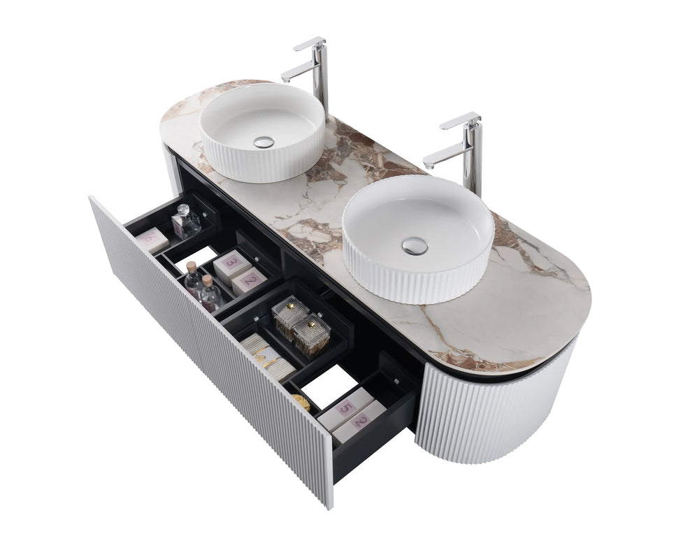 Set mobilier baie dublu suspendat 160 cm  cu blat marmorat, lavoare ceramice și oglinzi LED