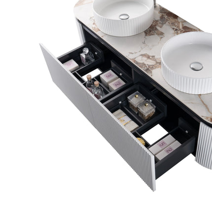 Set mobilier baie dublu suspendat 160 cm  cu blat marmorat, lavoare ceramice și oglinzi LED