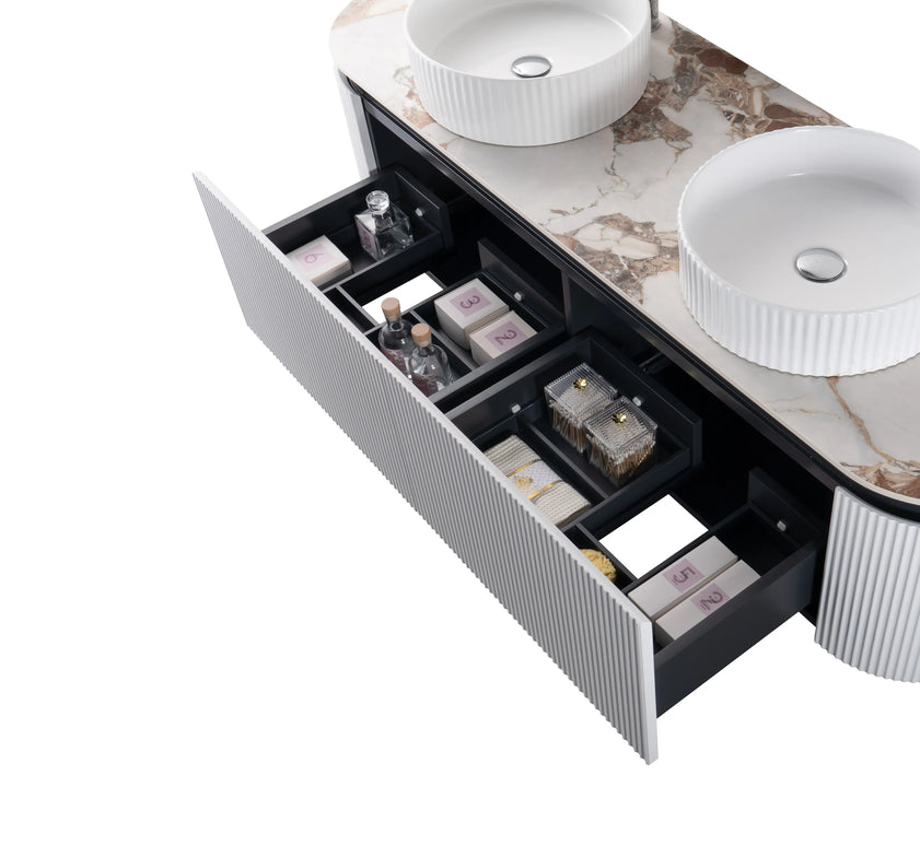 Set mobilier baie dublu suspendat 160 cm  cu blat marmorat, lavoare ceramice și oglinzi LED