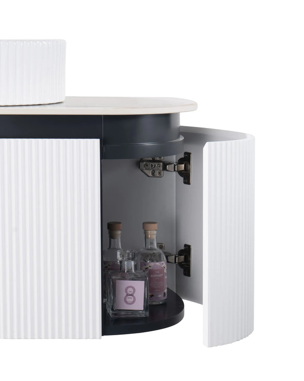 Set mobilier baie dublu suspendat 160 cm  cu blat marmorat, lavoare ceramice și oglinzi LED