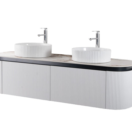 Set mobilier baie dublu suspendat 160 cm  cu blat marmorat, lavoare ceramice și oglinzi LED
