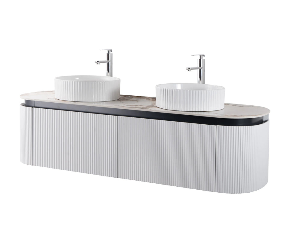 Set mobilier baie dublu suspendat 160 cm  cu blat marmorat, lavoare ceramice și oglinzi LED