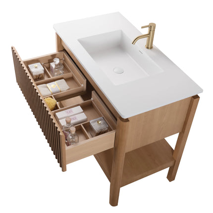 Set mobilier baie pe pardoseală din lemn 100 cm cu lavoar rock slab și oglindă LED
