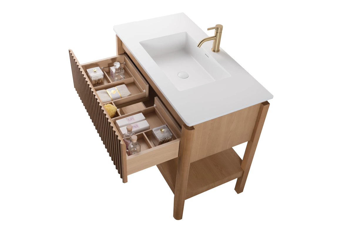 Set mobilier baie pe pardoseală din lemn 100 cm cu lavoar rock slab și oglindă LED