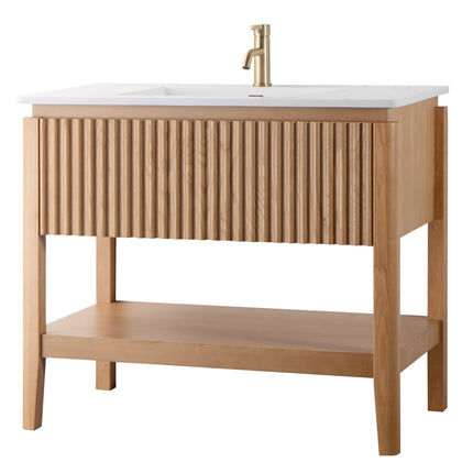 Set mobilier baie pe pardoseală din lemn 100 cm cu lavoar rock slab și oglindă LED