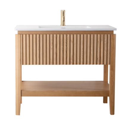 Set mobilier baie pe pardoseală din lemn 100 cm cu lavoar rock slab și oglindă LED