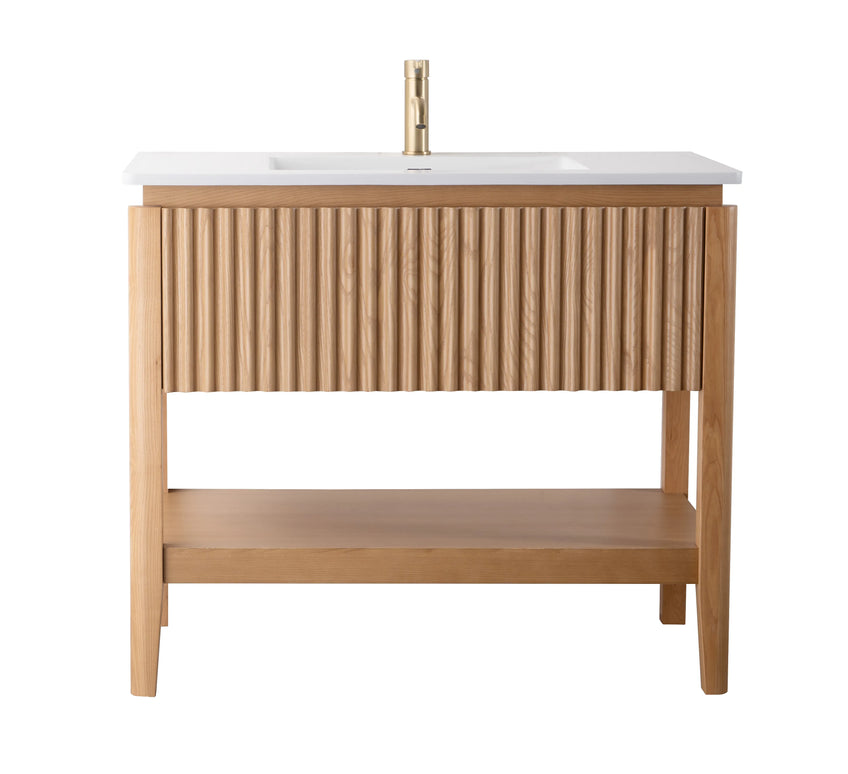 Set mobilier baie pe pardoseală din lemn 100 cm cu lavoar rock slab și oglindă LED