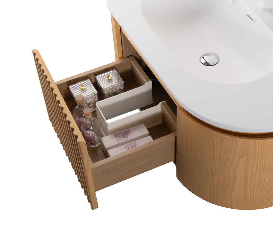 Set mobilier baie suspendat din lemn 100 cm cu lavoar ceramic, blat rock slab și oglindă LED