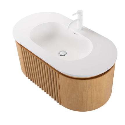Set mobilier baie suspendat din lemn 100 cm cu lavoar ceramic, blat rock slab și oglindă LED