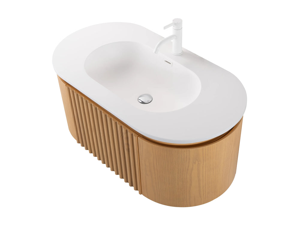 Set mobilier baie suspendat din lemn 100 cm cu lavoar ceramic, blat rock slab și oglindă LED