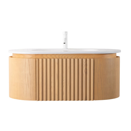 Set mobilier baie suspendat din lemn 100 cm cu lavoar ceramic, blat rock slab și oglindă LED