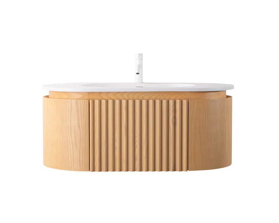 Set mobilier baie suspendat din lemn 100 cm cu lavoar ceramic, blat rock slab și oglindă LED