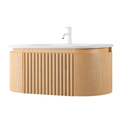 Set mobilier baie suspendat din lemn 100 cm cu lavoar ceramic, blat rock slab și oglindă LED