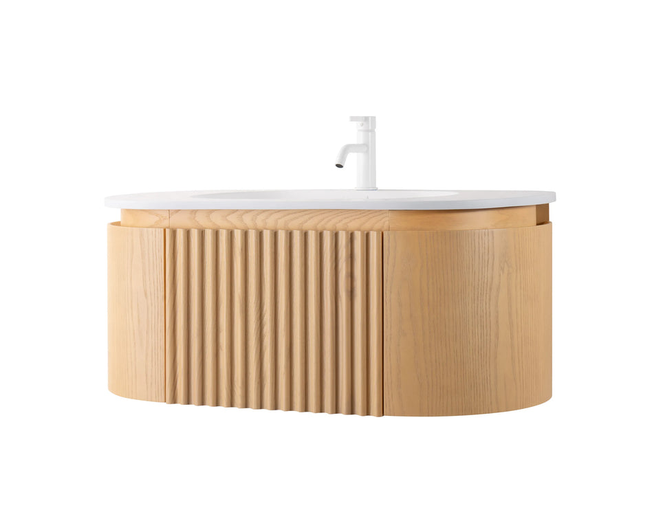 Set mobilier baie suspendat din lemn 100 cm cu lavoar ceramic, blat rock slab și oglindă LED