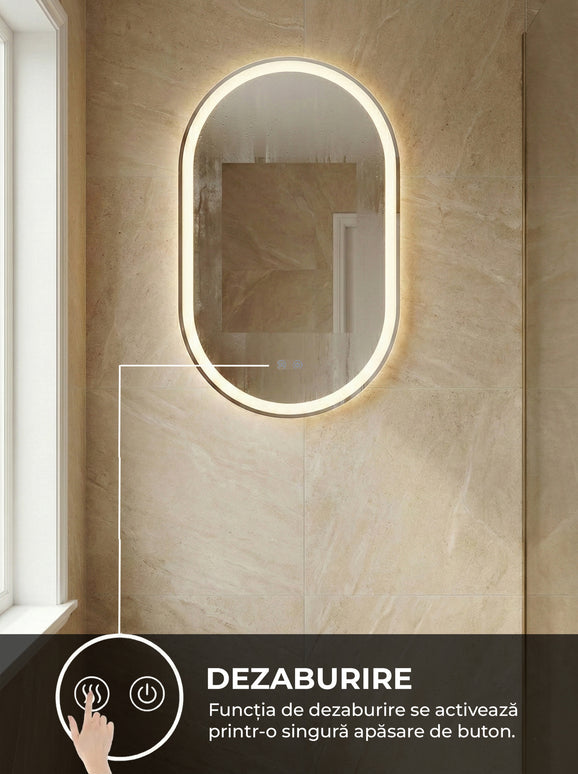 Oglindă baie LED 50x80 cm ovală, 3 nuanțe de lumină, dezaburire și touch control J-120-1