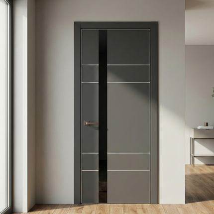 Ușă de interior PL-10 – design modern cu inserție din aluminiu și sticlă aplicată