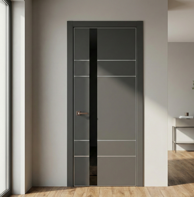Ușă de interior PL-10 – design modern cu inserție din aluminiu și sticlă aplicată