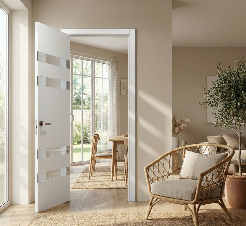 Ușă de interior PL-28 – stil arhitectural premium cu 4 fâșii oglindă/sticlă