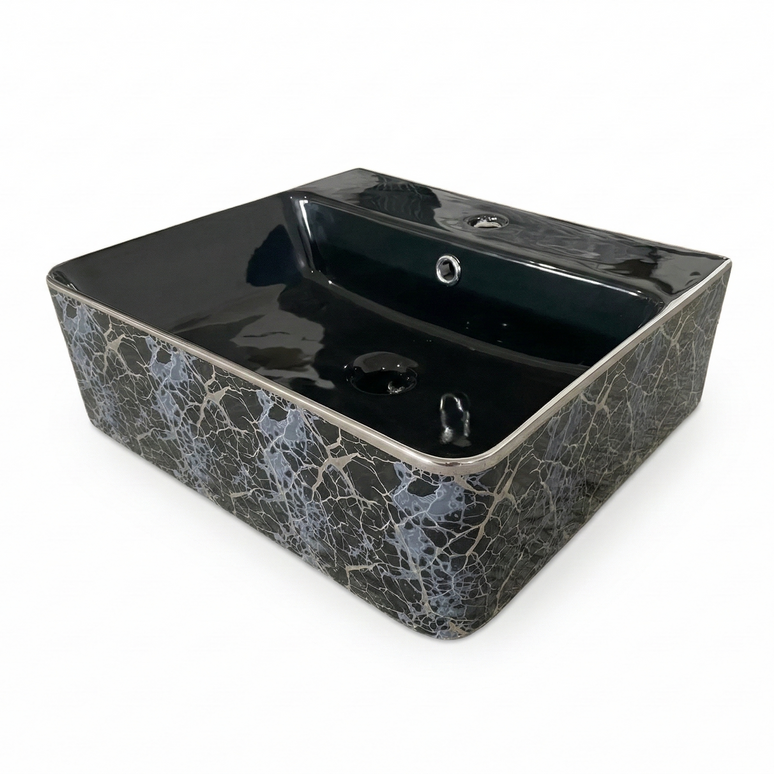 Lavoar ceramic dreptunghiular A449-KS264CBK – design modern alb și negru mat decorat