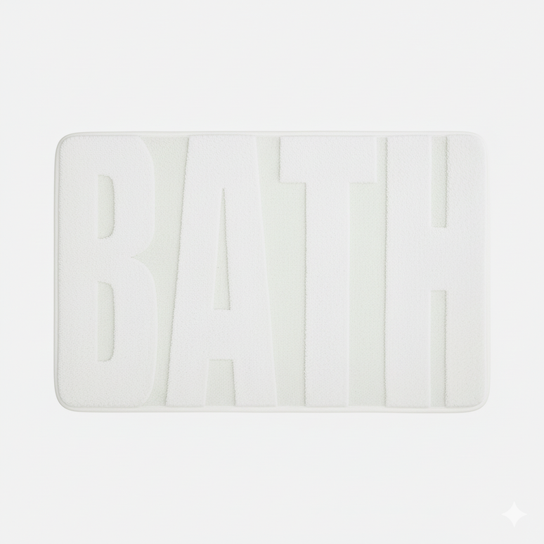 Covoraș baie cu inscripție BATH, antiderapant TRP, 45×75 cm, Alb