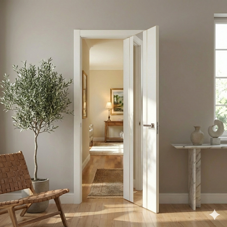 Ușă de interior PL-29 –alb- design vertical cu oglinda si insertii aurii