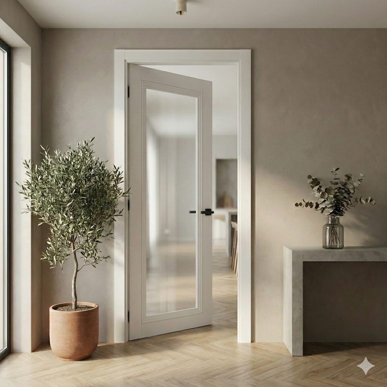 Ușă de interior T-13 cu sticlă sablată, design clasic-modern