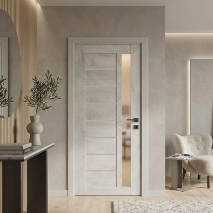 Ușă de interior Deco 09 G Light Cement cu sticlă satinată