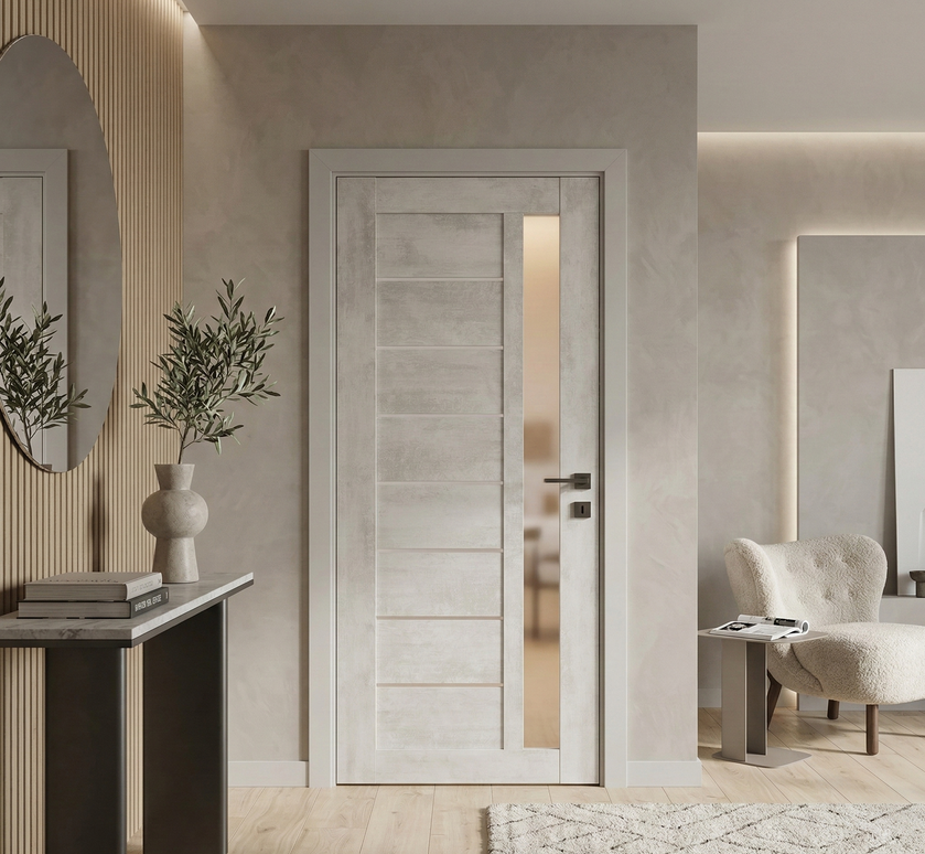 Ușă de interior Deco 09 G Light Cement cu sticlă satinată