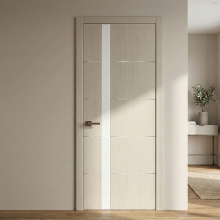 Ușă de interior PL-12 – eleganță geometrică cu sticlă aplicată și inserții din aluminiu