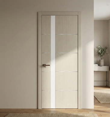 Ușă de interior PL-12 – eleganță geometrică cu sticlă aplicată și inserții din aluminiu