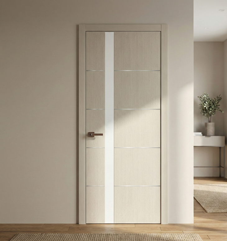 Ușă de interior PL-12 – eleganță geometrică cu sticlă aplicată și inserții din aluminiu