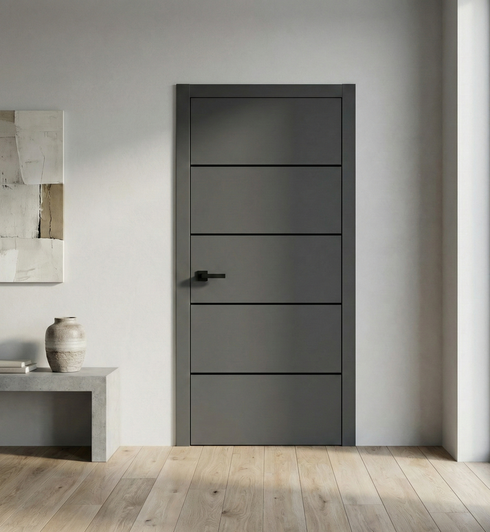 Ușă de interior PL-02 – design modern cu inserții metalice negre
