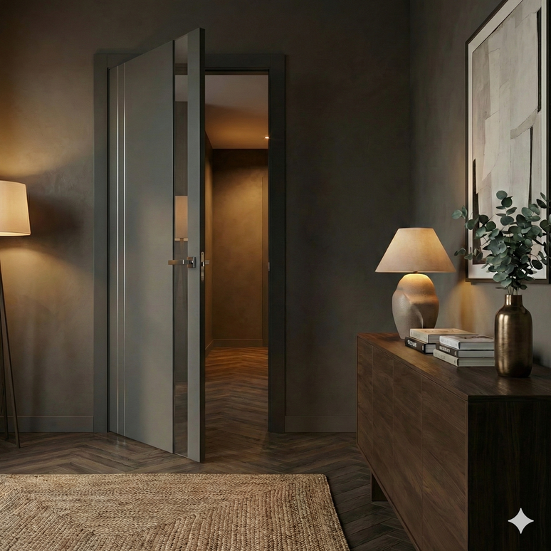 Ușă de interior PL-22 – design modern cu sticlă aplicată sau oglindă și inserții aluminiu