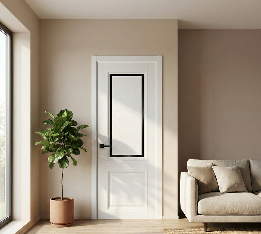 Ușă interior T-17 alba cu sticlă neagră sablată  – Eleganță clasică, adaptabilitate modernă