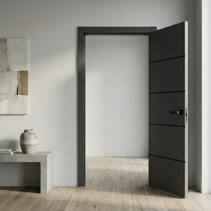 Ușă de interior PL-02 – design modern cu inserții metalice negre
