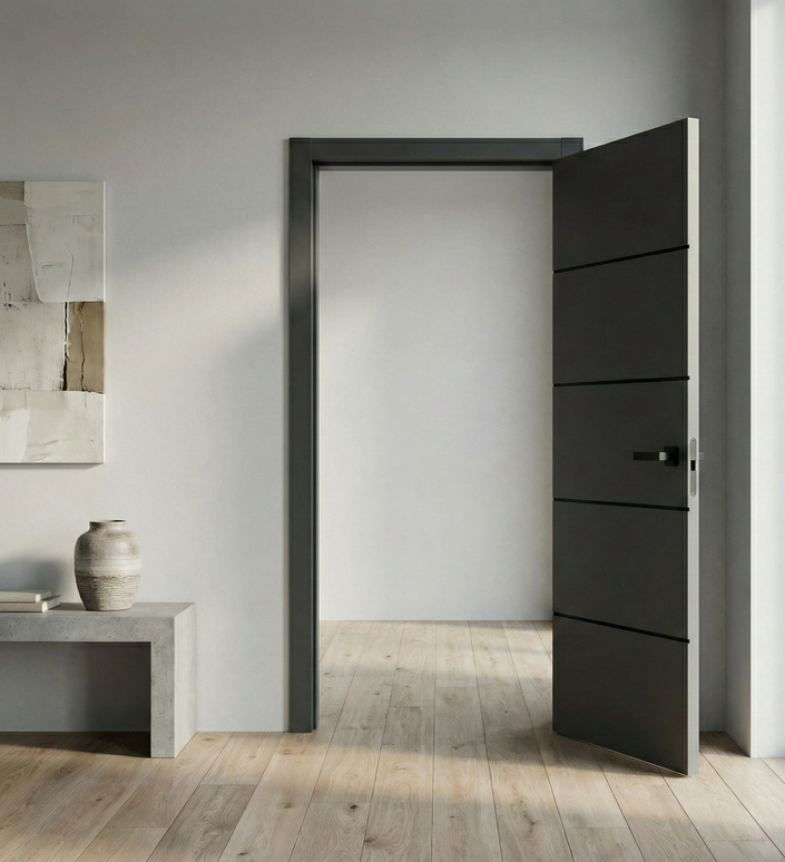 Ușă de interior PL-02 – design modern cu inserții metalice negre