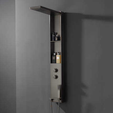 Panel de Duș Gun Metal – Design Minimalist cu Duș Fix, Rafturi Integrate și Duș de Mână