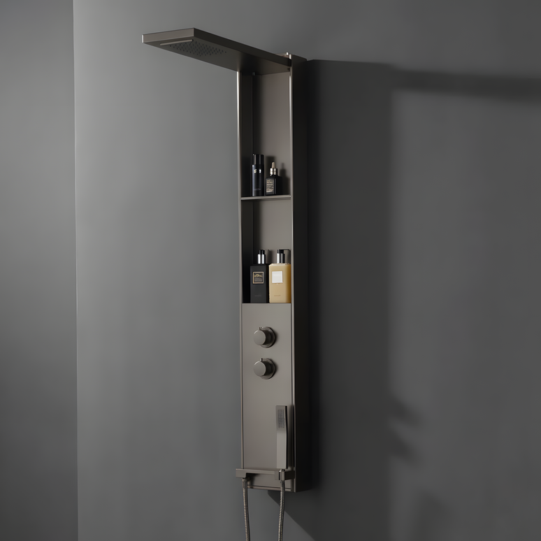 Panel de Duș Gun Metal – Design Minimalist cu Duș Fix, Rafturi Integrate și Duș de Mână