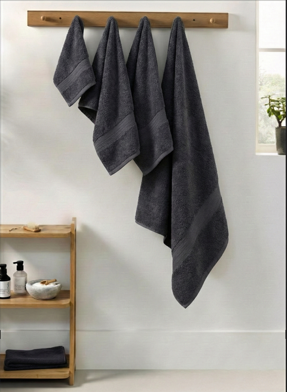 Set prosoape premium 4 piese, baie + mâini, 100% bumbac, gri antracit